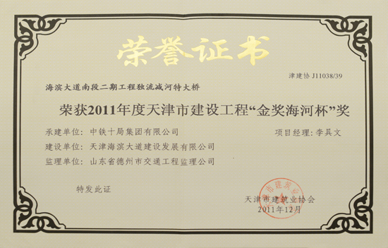 2011年天津海濱大道獨(dú)流減河特大橋“金獎(jiǎng)海河杯獎(jiǎng)”